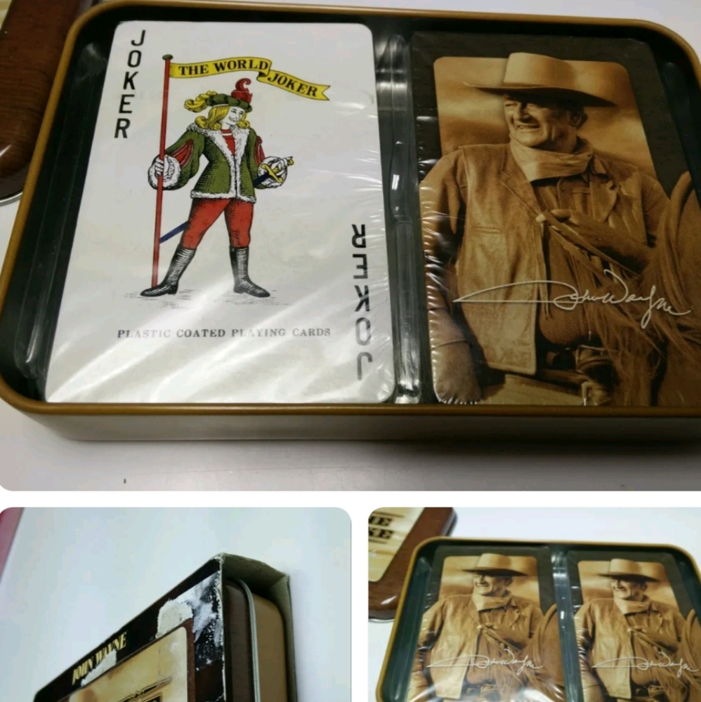 western flair with John Wayne playing card set.two sealed packs inside tin